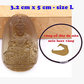 Mặt Phật Văn thù đá obsidian ( thạch anh khói ) 5 cm kèm vòng cổ dây da nâu - mặt dây chuyền size lớn - size L, Mặt Phật bản mệnh