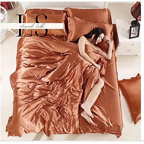 Trọn bộ chăn ga gối phi lụa lavish silk cao cấp mát lạnh hàng loại 1 không nối vải -nâu đất