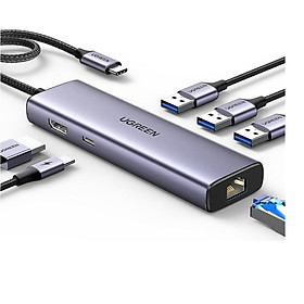 Ugreen 15598 USB type C sang 1 x HDMI 4K30Hz + 3 x USB 3.0 + 1 x RJ45 1Gbps + 1 x USB-C PD100W Bộ chuyển 6in1 CM512 20015598 - Hàng chính hãng