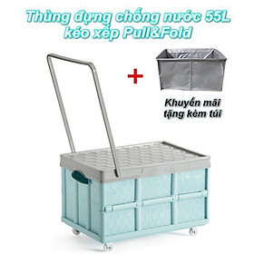 Thùng đựng chống nước 55L có bánh xe kéo xếp gọn Pull&Fold + Tặng kèm túi chống thấm