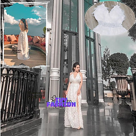 Đầm váy maxi lông phối ren mút ngực cổ yếm hở lưng 2 dây xẻ đùi trắng đi biển dự tiệc dạo phố bigsize gợi cảm sexy