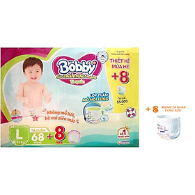 Tã quần Bobby - Đệm Lưng Thấm Mồ Hôi L68 (68 miếng) - Tặng 8 miếng trong gói
