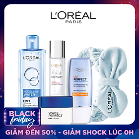 Bộ sản phẩm làm sạch, chống nắng dưỡng ẩm da căng mướt L'Oreal Paris (MCL 400ml,UV Aqua,ME 22ml,WP day cream 20ml,Headband)
