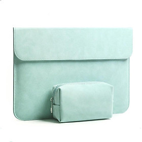 BAO DA, TÚI DA, CẶP DA CHỐNG SỐC CHO MACBOOK, LAPTOP, SURFACE KÈM VÍ ĐỰNG PHỤ KIỆN - MÀU XANH BẠC HÀ