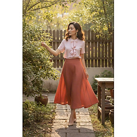 Áo Sơ Mi Nữ Tay Ngắn Cổ Trụ Phối Bèo Nhún Hồng Pastel thời trang thiết kế Hity TOP211