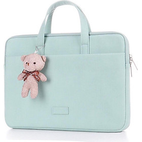 TÚI XÁCH DA CHỐNG SỐC, CẶP DA ĐỰNG LAPTOP, MACBOOK, MÁY TÍNH MÀU XANH NGỌC KÈM GẤU BÔNG CUTE - 14 INCH