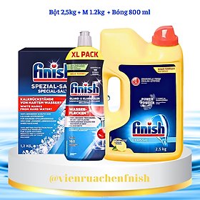 Combo Bột rửa bát Finish Classic 2.5kg + Muối 1.2kg + Nước làm bóng Finish 750ml + Tặng 3 viên Finish dùng thử