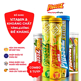 {COMBO 5 TUÝP} viên sủi tăng đề kháng Plusssz Max Multivitamin vị Cam + Vitamin C vị Chanh + Calcium Đào + C1000 + Performance