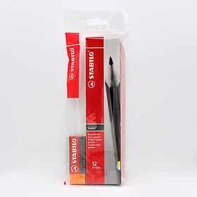 Hộp bút chì gỗ STABILO Swano có đầu tẩy - Hộp 12 thân vàng neon, có đầu tẩy + Gôm tẩy ER198 (PC4907Y/12-HB+)