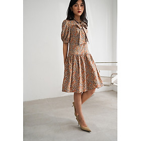 De Leah - Đầm Hạ Eo Cổ Dây nơ - Nâu cam