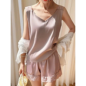 Bộ Đồ Ngủ B721 Lụa Quảng Châu Cao Cấp Viền Ren Hoa Đơn Giản Xinh Xắn