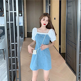 Đâm Denim cổ vuông retro Korea cho Nữ