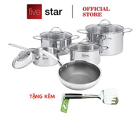 Mua Bộ nồi chảo chống dính sâu lòng tổ ong 3 lớp đáy liền inox 304 Fivestar Plus quai oval nắp kính   tặng 1 sạn inox