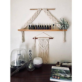Kệ gỗ decor trang trí dây treo tường 60x15cm tết macrame độc đáo