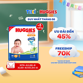Tã/bỉm quần HUGGIES SKINCARE gói M76+8/L68/XL60/XXL54 (M56/L48/XL40/XXL36+8)