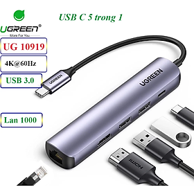 Bộ Hub chuyển đổi kết nối cổng USB type C sang HDMI hãng UGREEN 10919 hỗ trợ USB 3.0, Lan Gigabit và PD 100W - Hàng nhập khẩu chính hãng