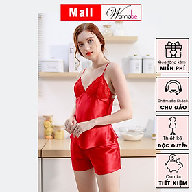 Đồ bộ mặc nhà phi lụa cao cấp WANNABE BSS19 đồ bộ quần sọt áo hai dây cúp ngực phối ren nữ tính