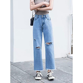 QUẦN BAGGY JEAN NỮ ỐNG LOE RÁCH ÍT VẢI MỀM KHÔNG CO DÃN BIG SIZE, CÓ 2 MÀU XANH ĐẬM XANH NHẠT