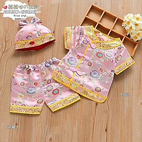Set bộ đồ gấm tết cho bé mẫu tay ngắn kèm nón mặc đi chơi, chúc tết ông bà SE173