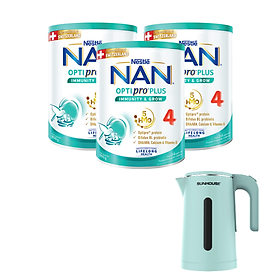 Bộ 3 lon Sữa bột Nestlé NAN OPTIPRO PLUS 4 800g/lon với 5HMO Giúp tiêu hóa tốt + Tăng cường đề kháng  + Ấm điện cao cấp Sunhouse - Bé 2-6 tuổi