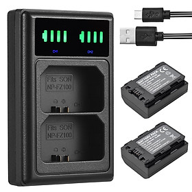 NP-FZ100 Battery Charger with LED Indicators + 2pcs NP-FZ100 Batteries 7.2V 2280mAh with USB Charging Cable Replacement for Sony A9/ A7R III/ A7 III/ A6600