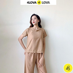 Set quần áo nữ 4LOVA quần culotes ống suông rộng phối áo cộc tay cúc sau chất đũi lụa cao cấp
