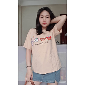 Áo thun nữ QC cổ tròn màu be họa tiêt dễ thương chất liệu cotton mềm mịn mát thấm mồ hôi size từ 45-50kg