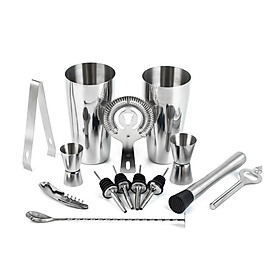 Cocktail Shaker Set with Boston Shaker/ Jigger/ Pourers/ Ice Crusher/ Ice Tongs/ Mixing Spoon/ Strainer/ Bottle Opener