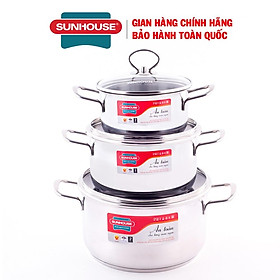 Mua Bộ nồi inox 5 đáy Sunhouse SH888  Bộ 3 nồi size 16  20  24 cm  Chất liệu inox sáng bóng  chống xước  dễ vệ sinh