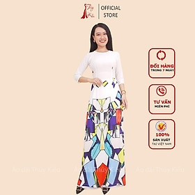 Áo dài in 3D lụa Nhật nền trắng tà lập thể nhiều màu K140