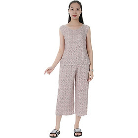 Bộ mặc nhà lanh  Vicci BST.086.11 vải chéo Hàn cao cấp quần ống sớ hoạ tiết lá nhí đó