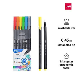 Bộ 6 bút màu liner đi nét - viết caligraphy thư pháp brush letter - Bút lông kim có thể rửa được - Ngòi bọc kim loại 0.45mm Deli - EQ900 - 6