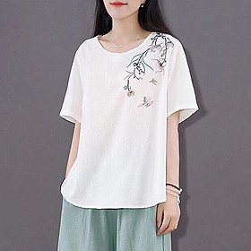 Áo trung niên nữ cộc tay in hoa, Áo đủ size chất vải mát mịn Đũi Việt A18