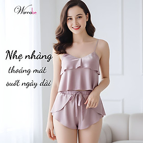 Đồ bộ mặc nhà WANNABE BSS05 đồ bộ quần sọt đắp bèo phối áo 2 dây crop top bèo tầng tạo độ phồng cho ngực
