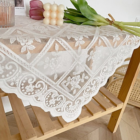 Khăn trải bàn vải ren trắng in hoa văn dập nổi phong cách Pháp tuyệt đẹp
