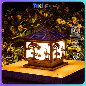 Mua Đèn trụ cổng năng lượng mặt trời vuông hoạ tiết con hạc cây tùng TC07 sang trọng cổ điển  3 màu ánh sáng