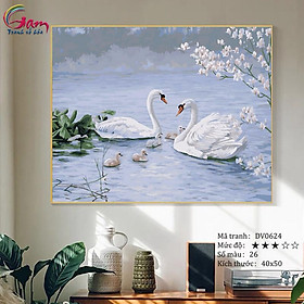 Mua Tranh tô màu theo số sơn dầu số hóa Tranh gia đình thiên nga trắng Hồ thiên nga DV0624