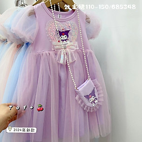 Váy công chúa bé gái cộc tay tặng túi, Đầm dự tiệc cho bé 1-6 tuổi hình Elsa kuromi lấp lánh vải ren điệu đà đáng yêu