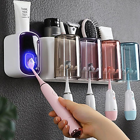 Bộ dụng cụ nhả kem đánh răng tự động 4 cốc và giá treo bàn chải đa năng HT SYS-ECOCO-E1922-chất liệu ABS cao cấp