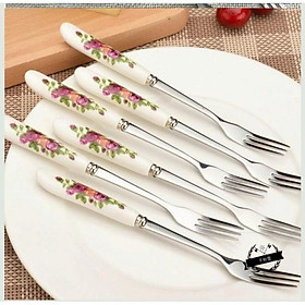 Mua Dĩa inox 304  dĩa xiên thịt hoa quả cán sứ hoa văn loại xịn