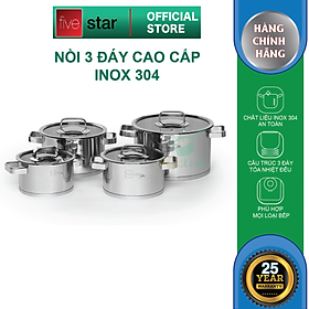 Bộ nồi 3 đáy inox 304 FiveStar Plus bếp từ 4 chiếc nắp kính ( nồi 16cm x nồi 18cm x 1 nồi 20cm x 1 nồi 24cm) , tặng 10 muỗng ăn