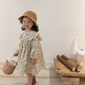 Váy đầm dài tay họa tiết hoa nhí vintage dễ thương cho bé gái