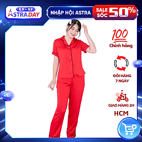 Đồ bộ pijama lụa, đồ mặc nhà nữ VILADY - B124 kiểu quần dài tay cộc họa tiết trơn, chất liệu lụa Pháp (lụa latin) cao cấp - Màu đỏ