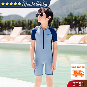 Đồ bơi liền thân bé trai, có size lớn đến 43kg (4-15 tuổi), dáng cộc tay liền quần short có khoá kéo trước, bộ bơi trẻ em chất lượng cao, chất bơi lạnh thân thiện với da, mềm mát mịn đẹp | BT51