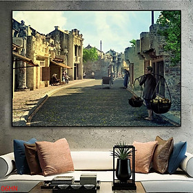 Tranh dán tường Tranh phong cảnh Hà Nội xưa và nay,Tranh dán tường 3d hiện đại (tích hợp sẵn keo)