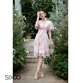 Đầm hoa mini voan cổ V tay bồng thời trang SIXDO