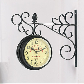 Vintage Art Design Double Sided Wall Clock Metal Train Station Style Round Clock Brackets Wall Side Mount for Garden Home Living Room Hallway Decor