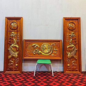 Combo Tranh câu đối lý ngư vọng nguyệt + tranh đồng hồ chữ đức ,nhẫn, phúc ...bằng gỗ hương đỏ 