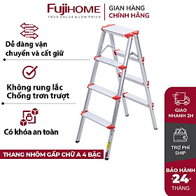 Thang nhôm chữ A 4 bậc cao 1 Mét gấp gọn FUJIHOME DL204, thang ghế 4 bậc xếp gọn gia đình- Hàng chính hãng