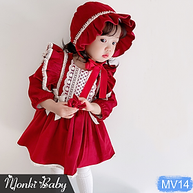 Váy nhung lót lông bé gái dáng babydoll kèm mũ tiểu thư dễ thương, đầm mặc Tết, sinh nhật, sự kiện, chất siêu đẹp | MV14